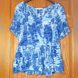 Beach Lunch Lounge Blue White Boho Tye Dye Look Peplum Flowy Top Sz L